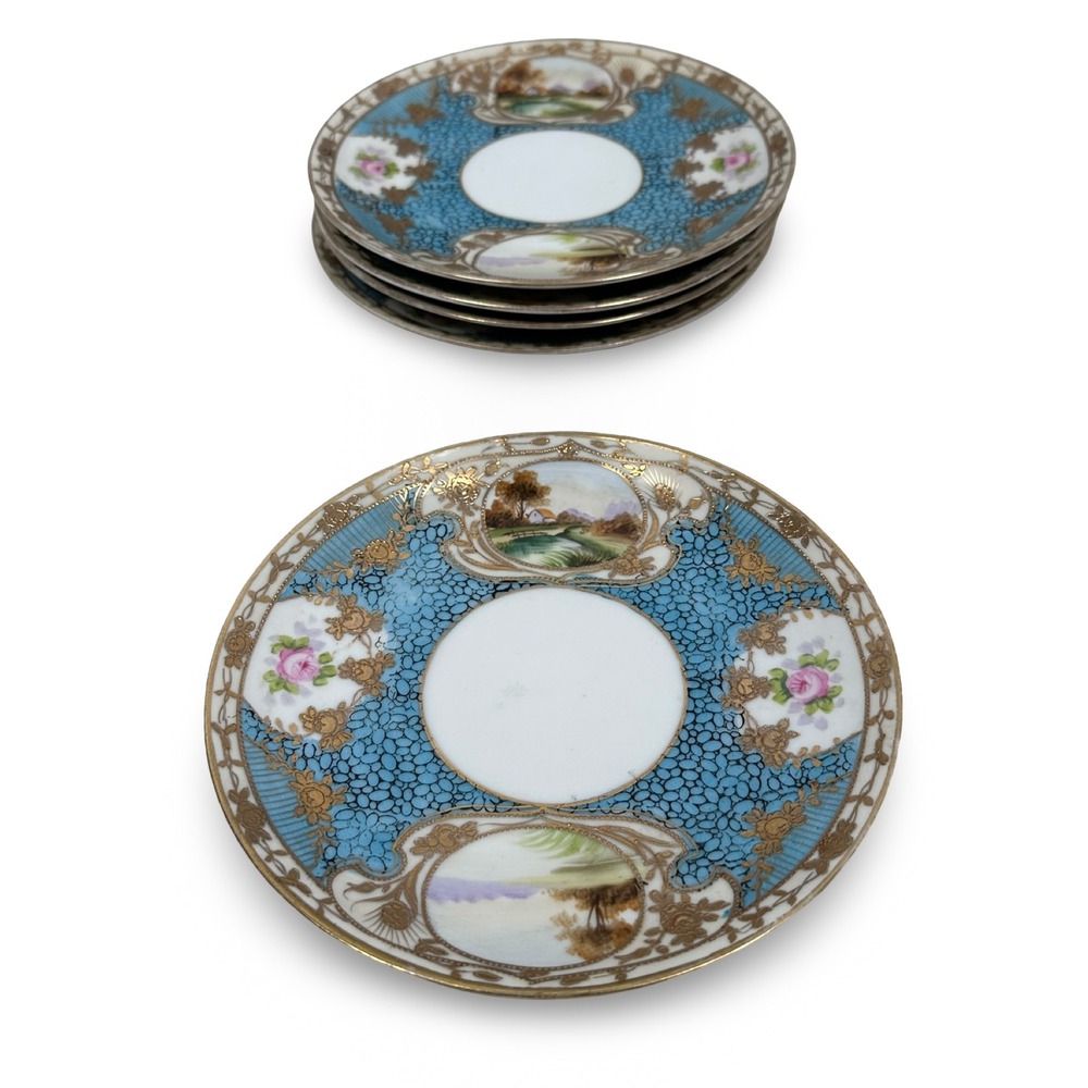 Antique Nippon Hand Painted Landscape Floral Gold Moriage Bread Plates Set‎ of 5